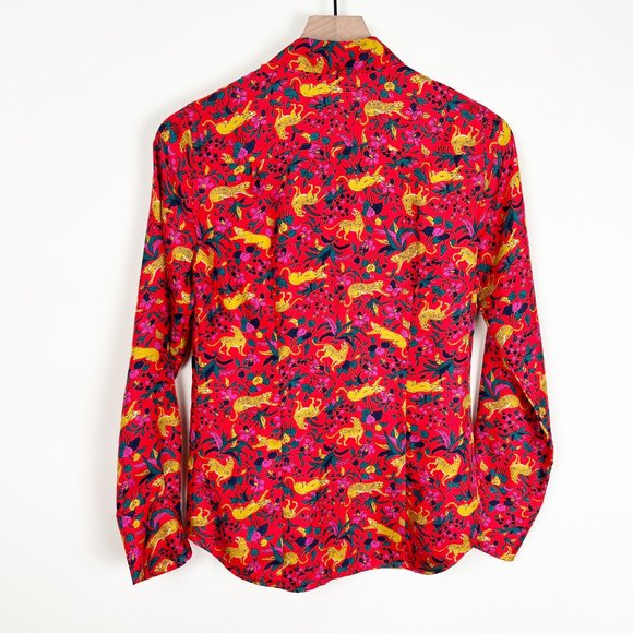 J.Crew 100% Silk Whimsical Button Up Shirt Blouse Floral Animal Cheetah Print - Picture 10 of 11